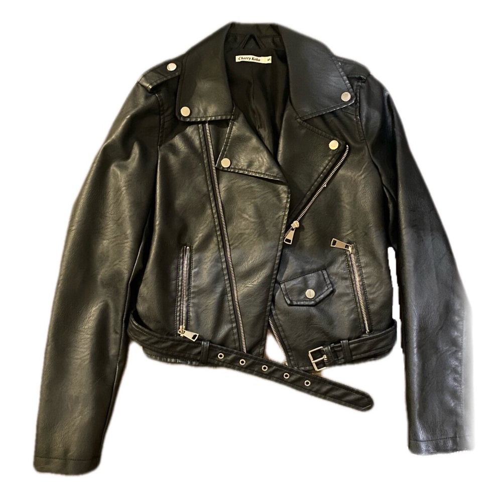 Black Vegan Leather Motorcycle Jacket w/ Silver Metal Hardware Size S
